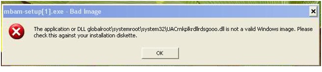 The application or DLL globalroot/systemroot/system32/UACrnkplkrdllrdsgooo.dll is not valid