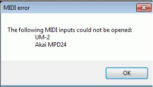The following MIDI inputs could not be opened: UM-2 Akai MPD24