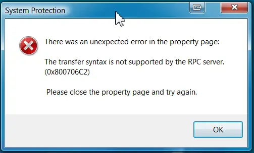 The transfer syntax is not supported by the RPC server (0×800706c2)