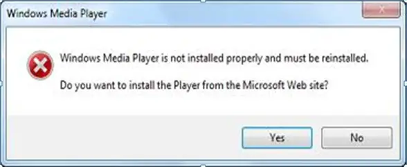 Windows Media Player is not installed properly and must be reinstalled.