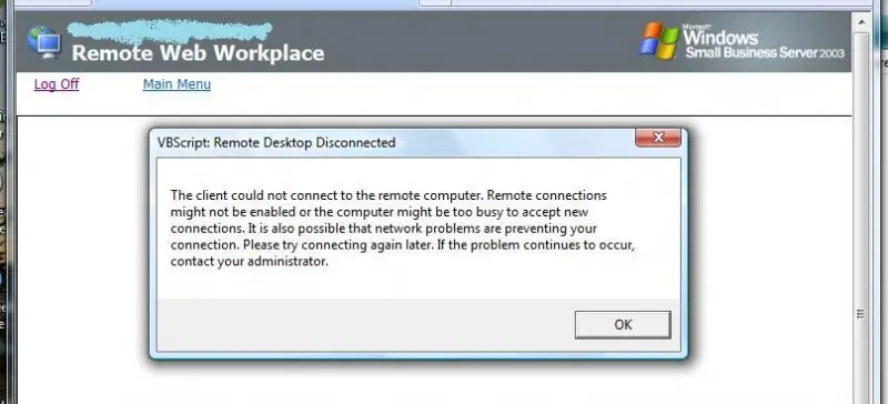 Remote Connection Error windows small business edition 2003