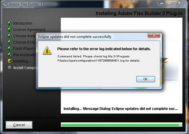 Eclipse updates did not complete successfully