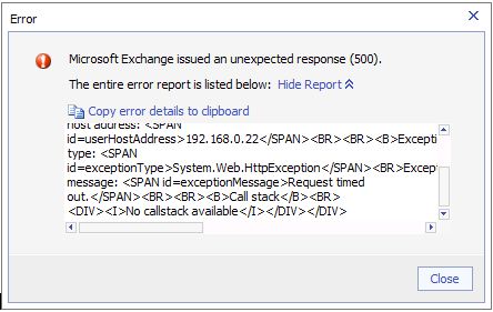 Microsoft Exchange issued an unexpected response (500)