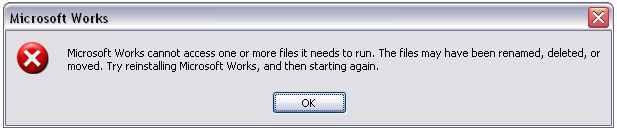 Microsoft Works cannot access one or more files it needs to run