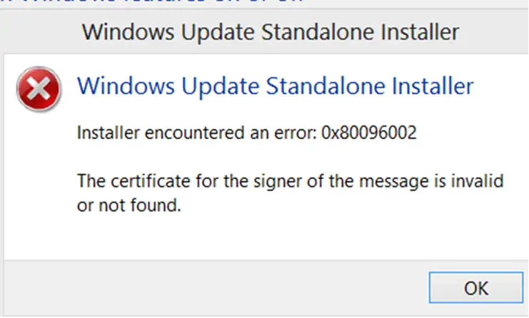 Windows Update Standalone Installer Installer encountered an error: 0x80096002