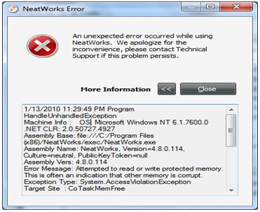 An unexpected error occurred while using NeatWorks