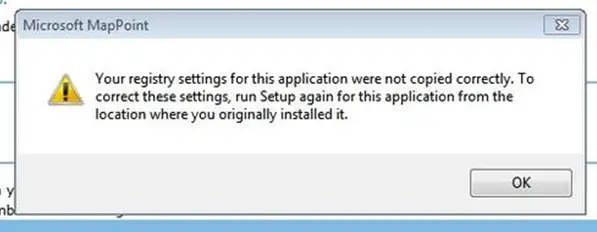 Your registry settings for this application were not copied correctly