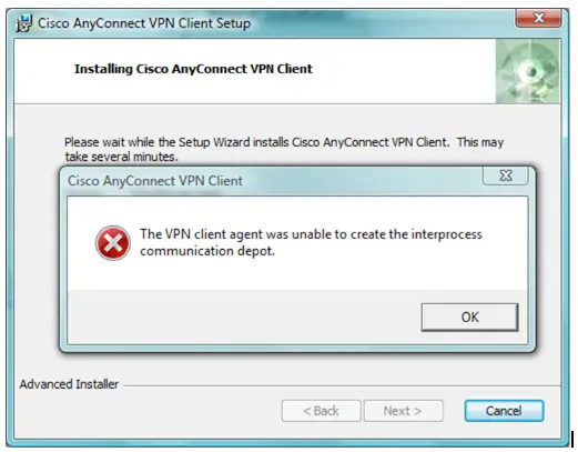  VPN client agent was unable to create the interprocess communication depot