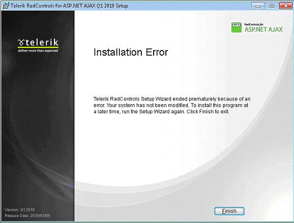 Telerik RadControls for ASP.NET AJAXQ1 2010 Setup installation error