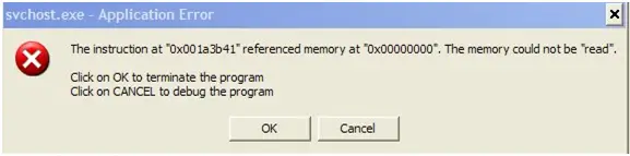 The instruction at “0x001a3b41” referenced memory at “0x00000000”. The memory could not be “read”