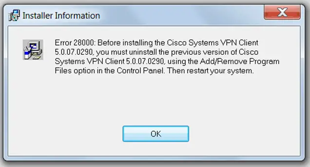Cisco VPN client installation errors: