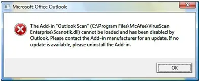 Add-in "Outlook Scan" could not be loaded.
