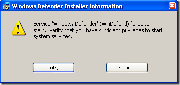 Windows defender installer error
