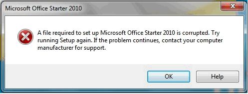 A file required to set up Microsoft office Starter 2010 is corrupted