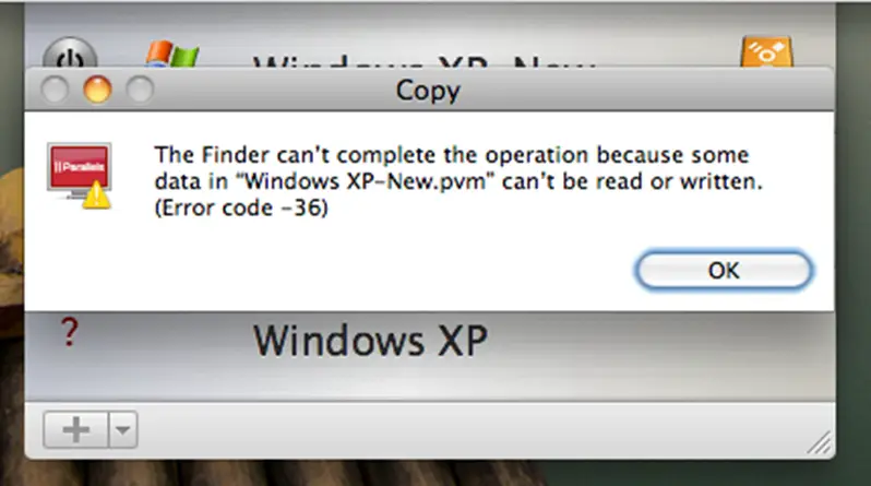 The finder can't complete the operation because some data (Error code - 36)