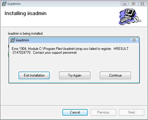 Error 1904. Module C:Program Filesiisadminztray.ocx failed to register. HRESULT-2147024770