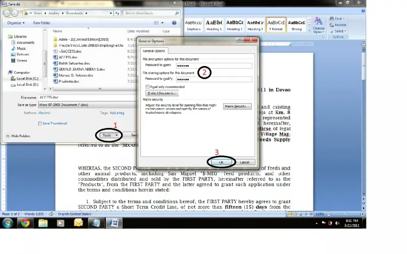 Password setting for Ms office 2007