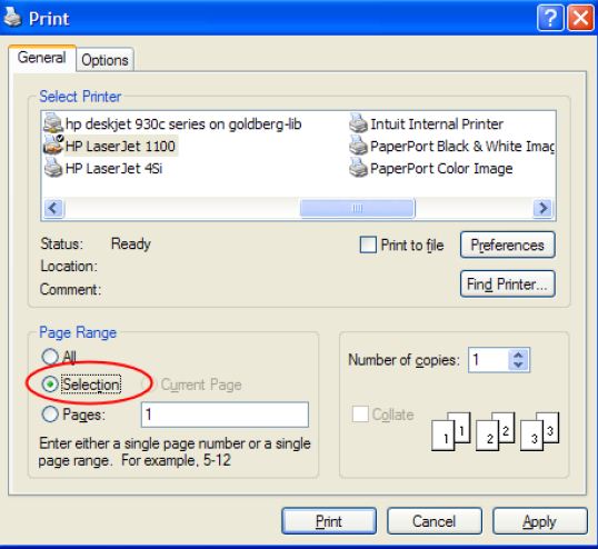 Printing a Part of the Page in Web Explorer, Word and Excel