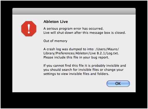A crash log was dumped to into: /Users/Mauro/ Library/Preferences/Ableton/Live 8.2.1/Log.txt