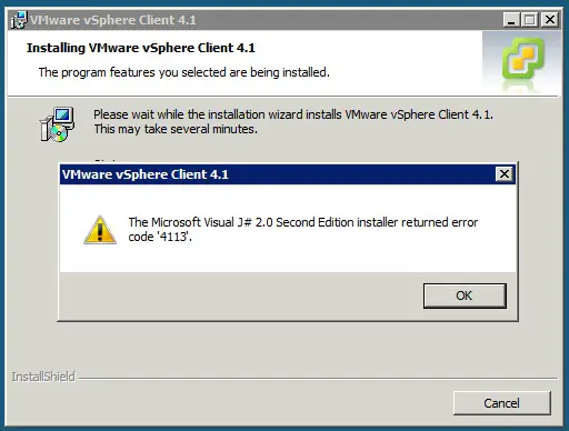 The Microsoft Visual J# 2.0 Second Edition installer returned error code ‘4113’