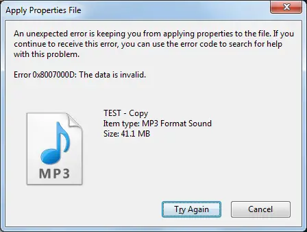 Error 0x8007000D: The data is invalid.
