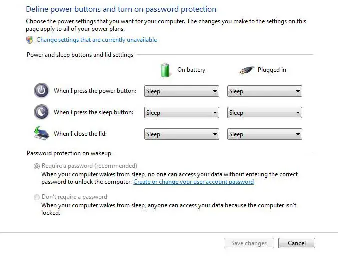 Power options dialog box settings for Password Protection