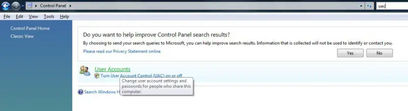 disable UAC using Windows Vista