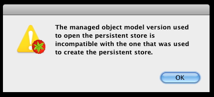 The managed object model version used to open the persistent store is incompatible with the one that was used to create the persistent store.