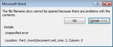 The file filename. docx cannot be opened because there are problems with the contents.