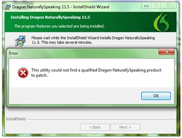 This utility could not find a qualified Dragon NaturallySpeaking product to patch.