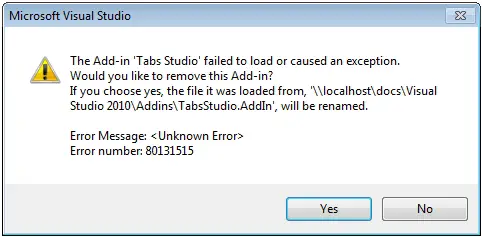  Add-in ‘Tabs Studio’ failed to load or caused an exception