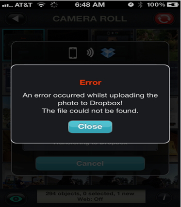 An error occurred whilst uploading the photo to Dropbox!