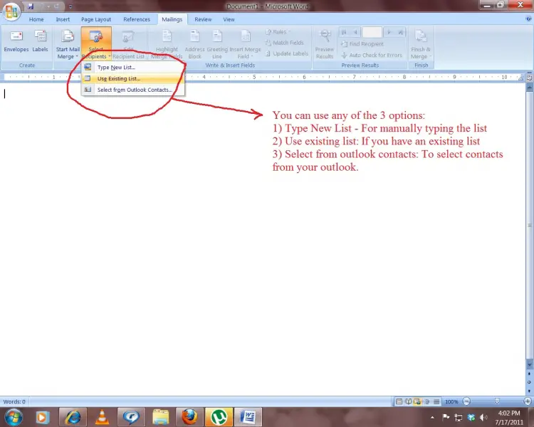 mail merge steps in ms word 2007