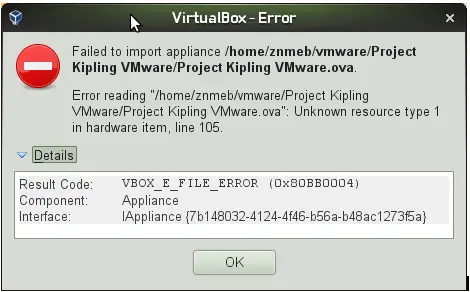 Failed to import appliance 