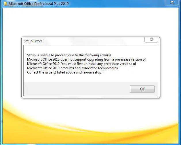  2010 Error - does not support upgrading from a prerelease version  