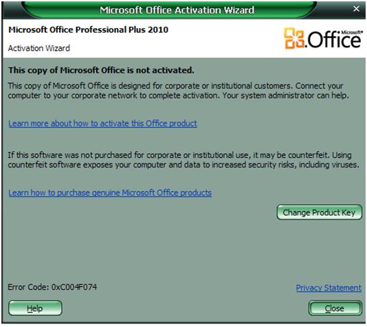 office 2010 not activated change product key