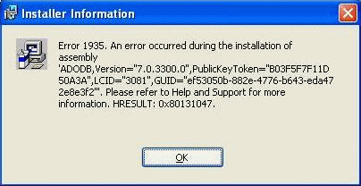 Error 1935: An error occurred during the installation of assembly