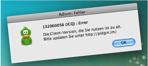 Adium: Fehler - 132060056 (ICQ): Error 