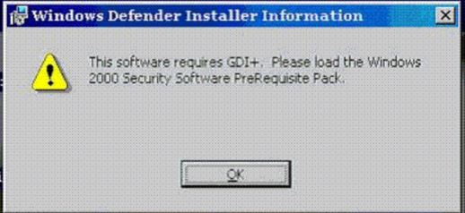 This software required GDI+. Please load the windows 2000 Security Software PreRequisite Pack.