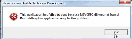 This application has failed to start because MSVCR90.dll was not found.