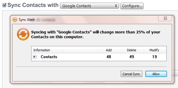 Click  Info tab and select Sync Contacts With