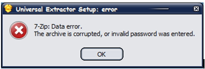 The archive is corrupted, or invalid password was entered
