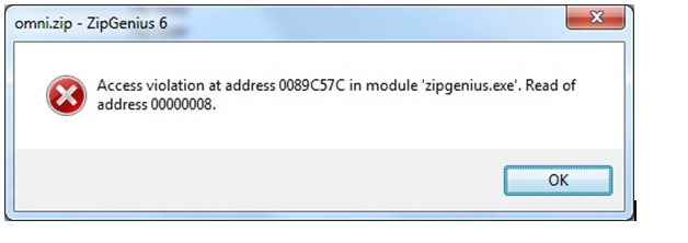 Access violation at address 0089C57C in module ‘zipgenius.exe’