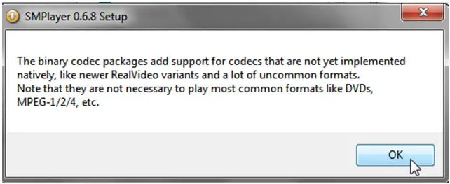 SMPlayer 0.6.8 Setup The binary codec packages add support for codecs that are not yet implemented natively, like newer RealVideo variants and a lot of uncommon formats