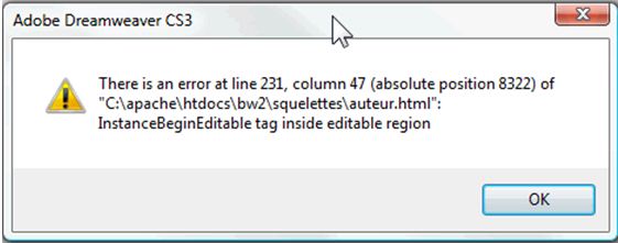 Adobe Dreamweaver CS3 error at line 231, column 47 