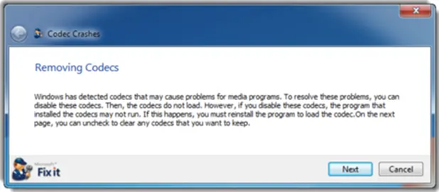 Codec Crashes Removing Codecs Windows has detected codecs that may cause problems for media programs. To resolve these problems, you can disable these codecs. Then the codecs do not load.