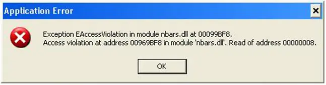 Access violation at address 00969BF8 in module 'nbars.dll'. Read of address 00000008