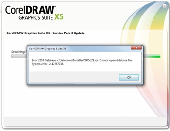 Corel Draw Graphics Suite X5 Error 2203.Database:c:WindowsInstaller5005d29.ipi. Cannot open database file. System error-2147287035.