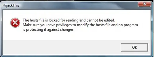 The hosts file is locked for reading and cannot be edited.