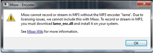 Mixxx cannot record or stream in MP3 without the MP3 encoder “lame”. Due to licensing issues we cannot include this with Mixxx. To record or stream in MP3, you must download lame_enc.dll and install it on your system.
